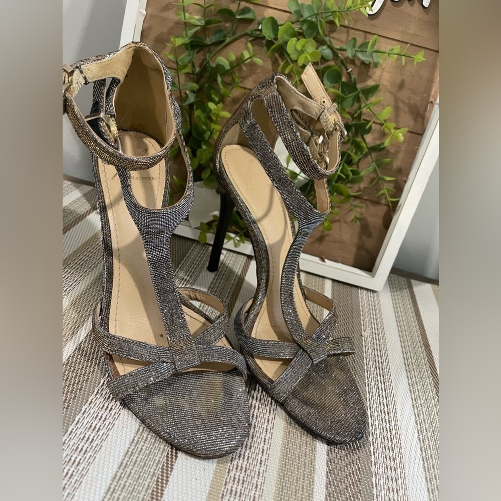 Brian Atwood Laetitia T-Strap Heels Metallic Silver Size 7